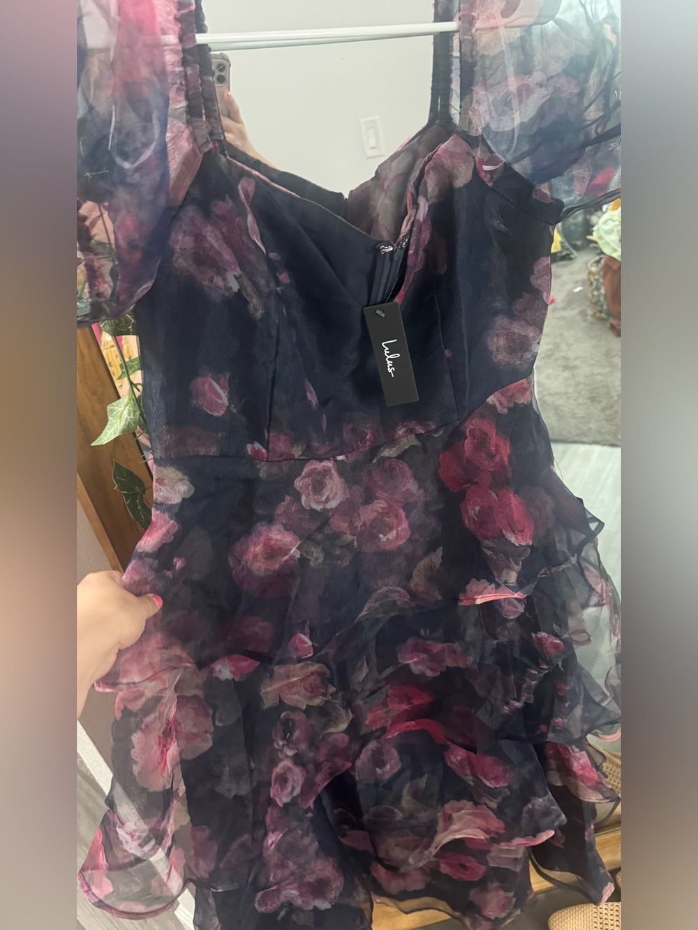 BNWT Lulus Oh-So Stunning Navy Blue Floral Organza Tiered Midi Dress - Picture 6 of 7